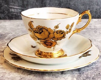 Stunning Rare Royal Imperial Finest Bone China Golden Roses Teacup Saucer and Plate Trio Set