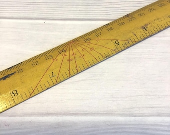 Double Sided Vintage Yellow Metal 12 Inch School Geometry Ruler, Made In England