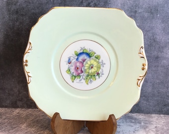 Beautiful Vintage 1955 - 1957 Trentham Bone China Handpainted Petunia Cake Plate Signed H Colclough, Royal Crown Pottery Green & Gold Plate