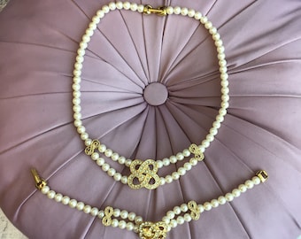 Vintage Demi Parure pärlhalsband med diamanter och matchande armband, vintage brudsmycken