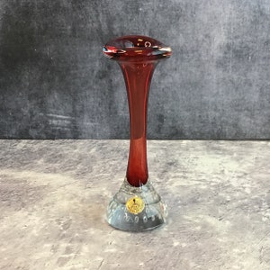 Vintage 1970s Hans Geismar Swedish Art Glass Hand Blown Red Glass Tulip Stem Vase, Bo Bergstrom Aseda Sweden