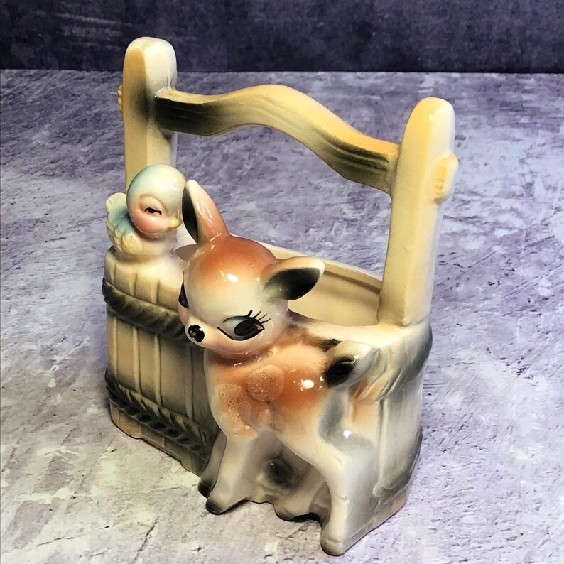 Vintage Mid Century Bambi Deer and Bluebird Ceramic Kitsch Planter