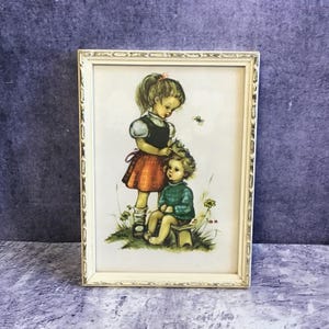 Vintage 1960s Small Framed Print Signed Hilde - Girl Combing Little Boy&#39;s Hair In Original Frame, 1960s Kitsch Picture CP Productions