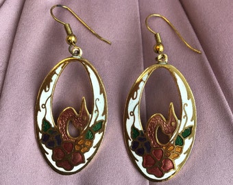 Pendientes colgantes con colgante de pájaro y flor de esmalte cloisonné vintage