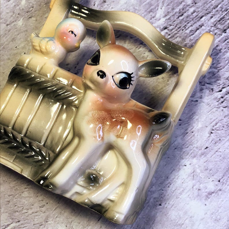 Vintage Mid Century Bambi Deer and Bluebird Ceramic Kitsch Planter