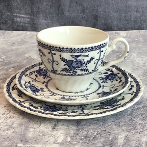 Vintage Johnson Bros Ironstone Teacup Saucer Plate Trio Set - INDIES Blue and White Pattern