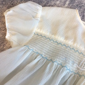 Vintage 1950s/60s Bairnswear White and Blue Smocked Baby Romper Suit, Vintage Nautical Romper Dress Suit