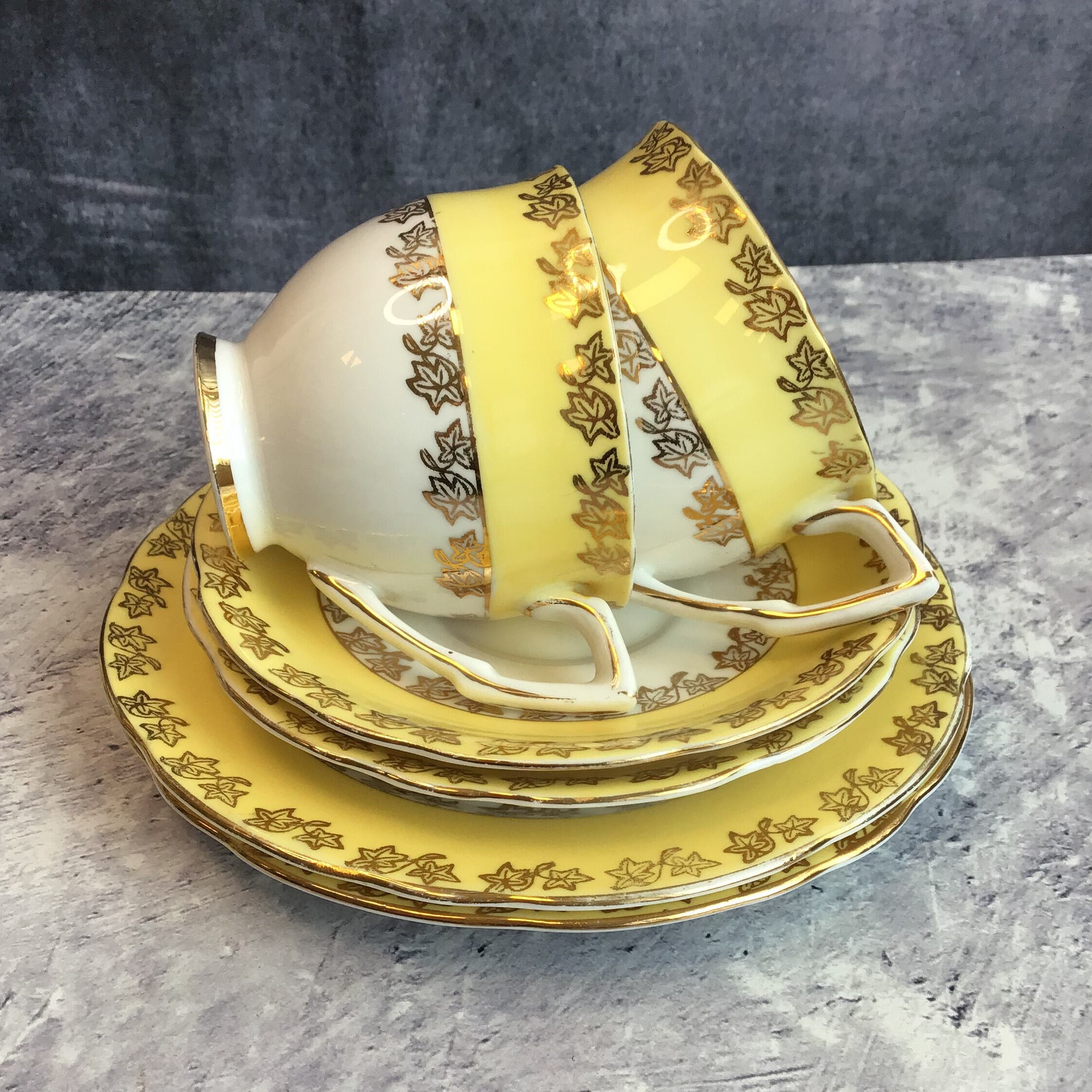 Tea For Two - Pair of Vintage 1950s Gladstone Bone China Yellow and Gold Trios - 2 Teacups, 2 Saucers, and 2 Tea Plates