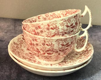 Par de tazas y platillos de cerámica antiguos de estilo vintage con decoración floral de bayas en tonos rosa y rojo.