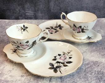 Pair of Vintage Royal Albert Bone China Queen's Messenger Teacup and Tennis Snack Saucer Duos, TV Tray