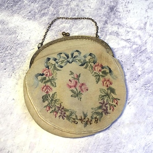 Antique Silk Lined Floral Petit-Point Cream Tapestry Evening Bag