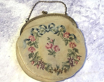 Antique Silk Lined Floral Petit-Point Cream Tapestry Evening Bag