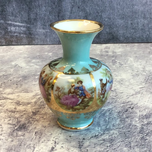 Vintage La Reine Fragonard Lovers Courting Couples Bud Vase, Aqua and Gold Posy Vase
