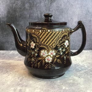 Vintage Antique Jackfield Style Teapot - Glossy Black Glaze With Handpainted Flowers & Gilding, Made In England No. 435