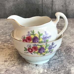 Pretty Vintage Mayfair Bone China Milk Jug / Creamer and Sugar Bowl Set - Blue White & Floral