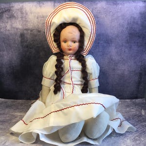 Beautiful Large Vintage Linen 19 Inch Doll With Painted Face, White and Red Dress, Underskirt, Drawers and Bonnet