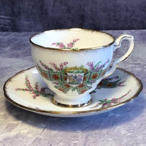 Vintage Royal Stafford Tartan Series Bone China Teacup and Saucer Duo, Maclean Tartan and Scottish Purple Heather Teacup Set