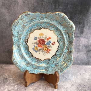 Stunning Vintage Art Deco Alice Blue for Yeoman Plate by Lancaster & Sandland, Vintage 1930s Blue Gold and Floral Cabinet / Cake Plate