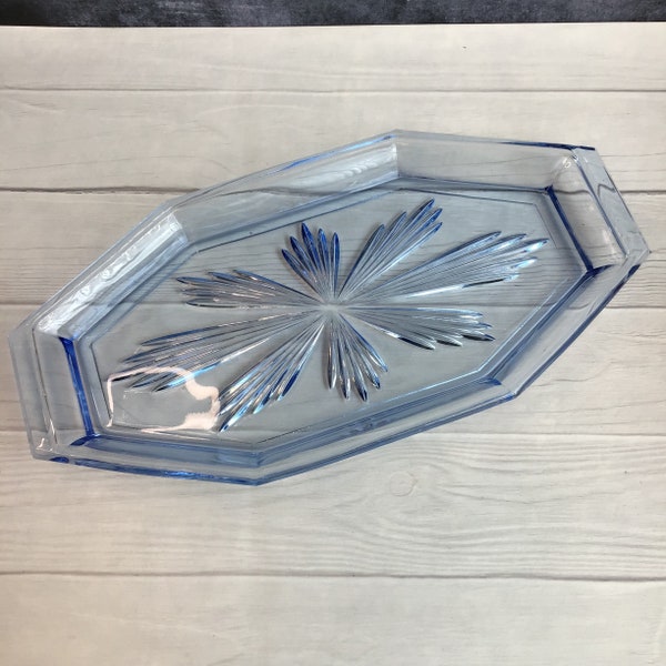 Vintage Art Deco Blue Glass Dressing Table Tray, Vintage Depression Glass Vanity Tray