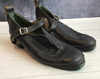 Altes Paar schwarzer Leder Vintage Irischer Tanzschuhe, Vintage Jig Tap Schuhe, Riverdance Schuhe