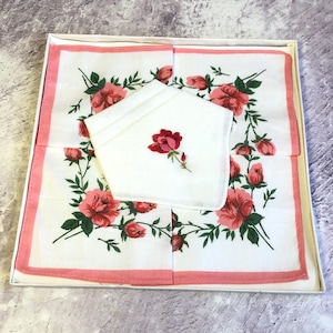 Vintage Linen Handkerchief Set: Embroidered & Printed Rose Design