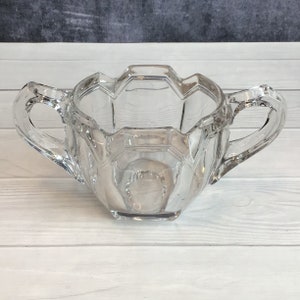 Vintage Antique Art Deco Clear Glass Double Trophy Handle Sugar Bowl