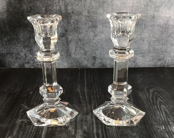 Pair Vintage Hexagonal Glass Candlesticks, Heavy Glass Candle Holders