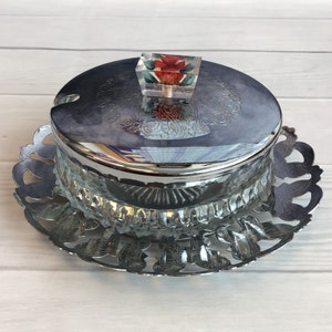 Vintage Mid Century Glass Jam Pot With Chrome Stand and Lid With Floral Lucite Knob, 1950s Preserve Dish