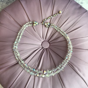 Vintage Double Strand Aurora Borealis Crystal Necklace With Crystal Set Clasp Fittings and Extension Chain