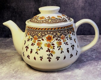 Vintage Mid Century Sadler Brown and Orange Floral Pottery Teapot - Sadler Retro Classic Shape Teapot Autumn Colours