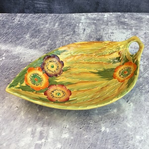 Vintage 1930s Art Deco Carlton Ware Anemone Handpainted Leaf Dish (10 Inch) Pierced Handle, Australian Design, Yellow Colourway