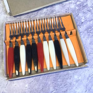 Set of 11 Vintage Mid Century Little Fork Cocktail / Appetiser Forks In Original Box - Black Red White Handles, Olive Picks, Vintage Barware