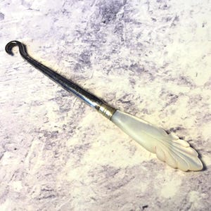 Antique Victorian English Make Button Hook With Carved Nacre Mother of Pearl Handle