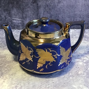 Vintage Antique Art Deco Price Bros Octagonal Teapot - Blue and Gold With Gilded Vine Leaf Pattern