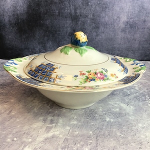 Vintage Mid Century Royal Staffordshire Pottery Tureen by A J Wilkinson, Lidded China Serving Bowl With Flower Handle / Knob