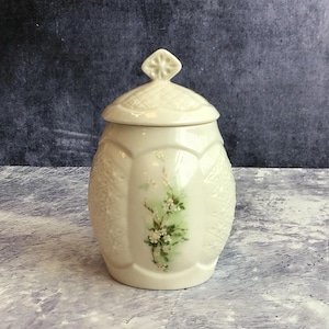 Hermoso tarro vintage irlandés Parian Donegal China Hawthorn para mermelada 5072, tarro para conservas o mermelada