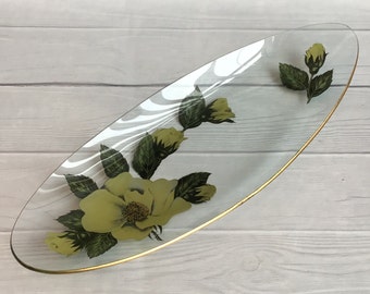 Vintage Mid Century Pilkington Chance Glass Long Boat Schotel of Decoratief dienblad met gele rozenpatroon, jaren 1960 glazen plaat