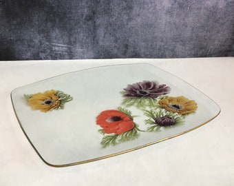 Prato de vidro retangular vintage de meados do século Chance Brothers ou bandeja decorativa com padrão Anenome, placa de vidro dos anos 1960