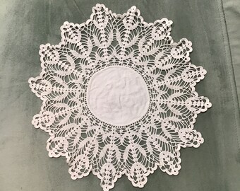 RESERVED FOR MICHELLE Vintage Handmade Linen and Crochet Lace Doilie Doily Mat, Vintage Table Linen