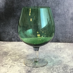 Vintage Green Glass Goblet Vase With Clear Stem, Mid Century Oversized Balloon Brandy Glass