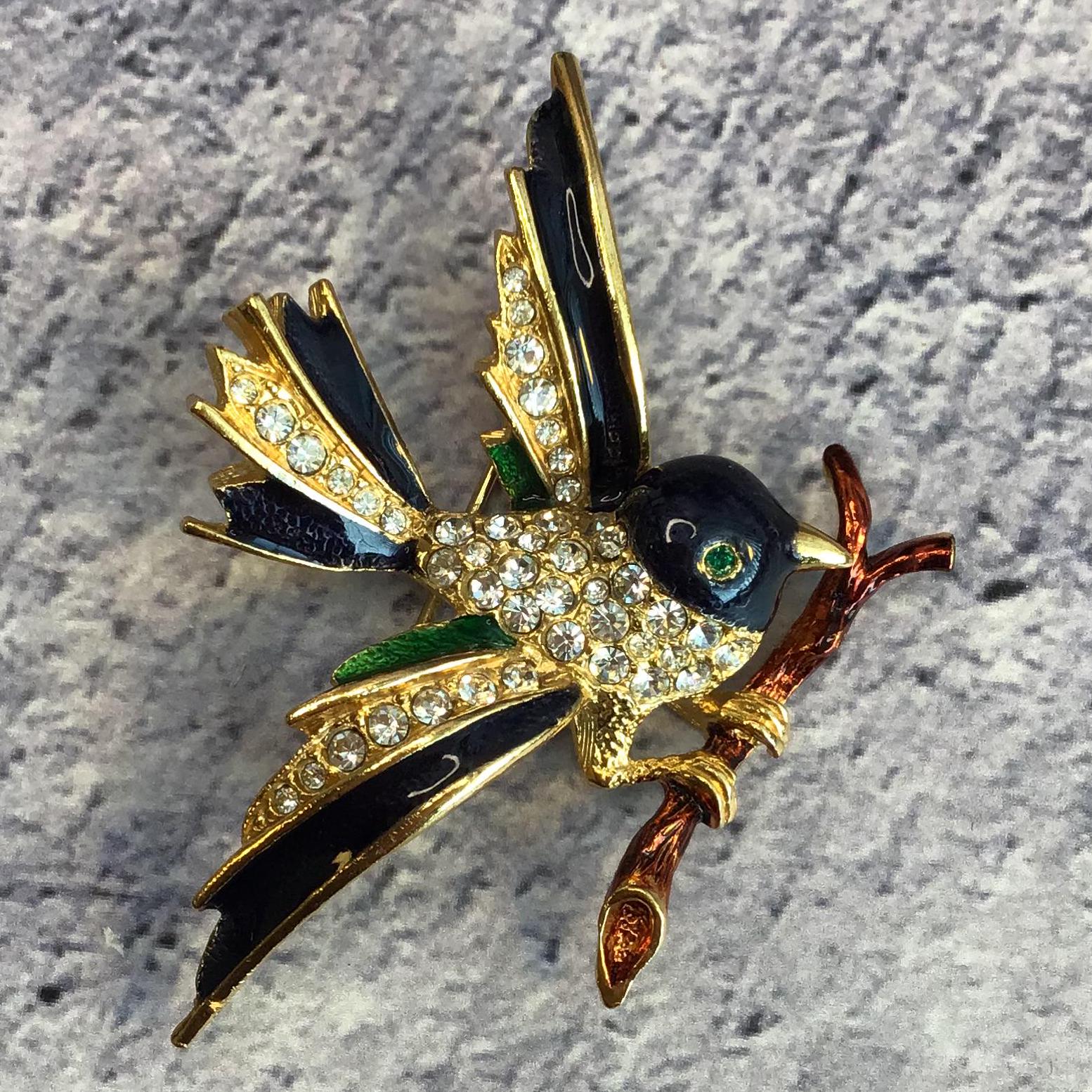 Vintage Sphinx (9924) Enamel and Rhinestone Bird on Branch Brooch