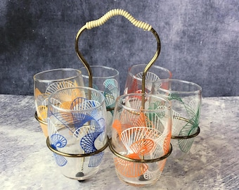 6 Vintage 1950s Shot Glasses in Metal Carrier Holder, Mid Century Modern Barware