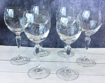 Set mit 6 Vintage Nadel geätzten Blumengirlande Boho Hock Weingläser, große Becher