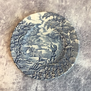 Può includere: Piatto rotondo in ceramica con un design transferware blu e bianco. Il piatto raffigura una scena di caccia con un cacciatore, cani e un paesaggio con alberi, una casa e un fiume. Il piatto ha un'estetica vintage dettagliata.