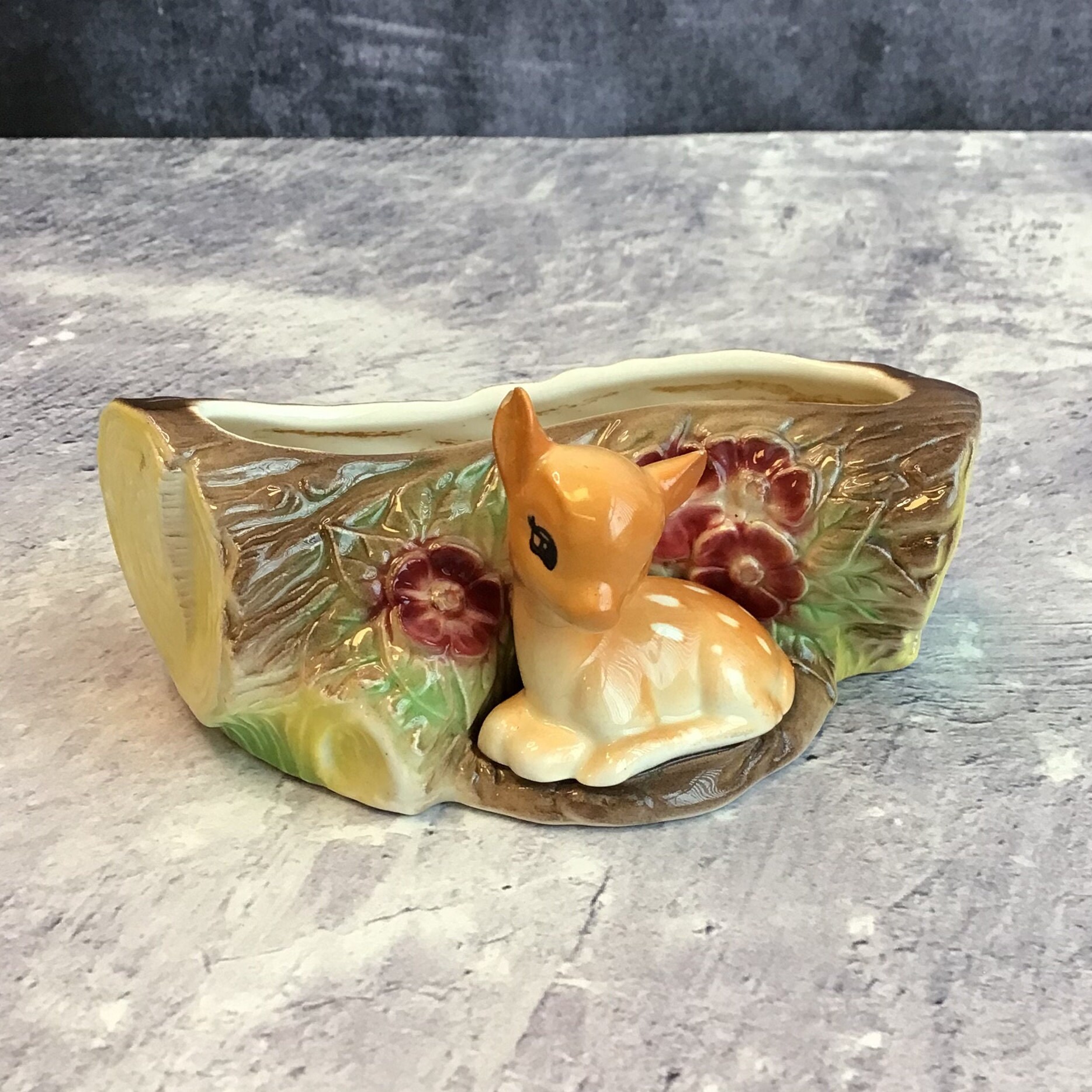 Vintage Hornsea Pottery Royal Fauna #18 Baby Deer With Log Flower