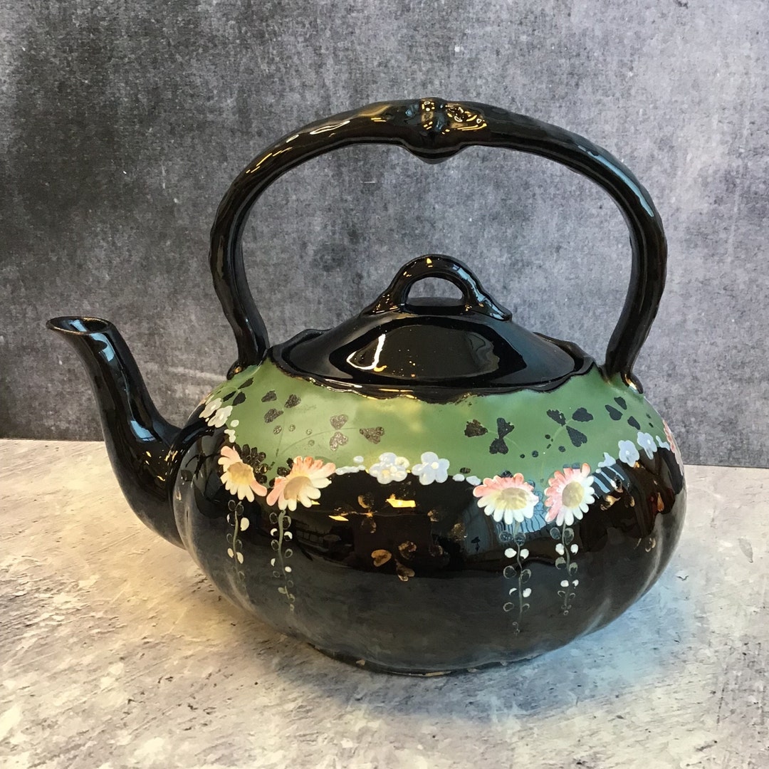 Beautiful Antique Victorian Glossy Black and Green Teapot With Handpainted Flowers, Vintage