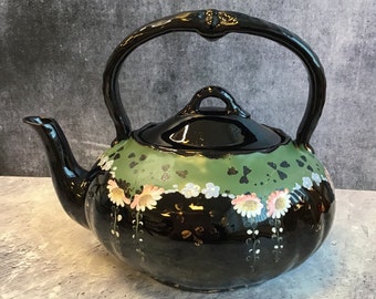 Beautiful Antique Victorian Glossy Black and Green Teapot With Handpainted Flowers, Vintage Jackfield Teapot