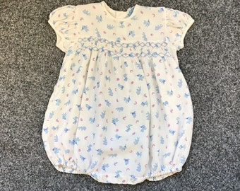 Pretty Vintage 1950s/60s Brierleys of Blackburn Smocked Romper Suit, Blue White & Pink Romper Suit With Bunnies Bambi Deer and Puppies