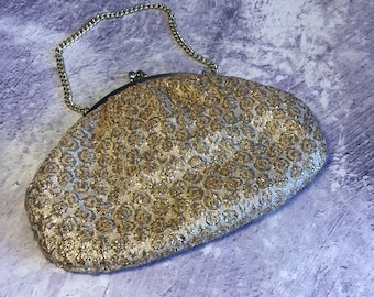 Vintage strukturierte Gold Lurex Abendtasche Mit Tragekette, 1960er Jahre Metallic Gold Abendtasche