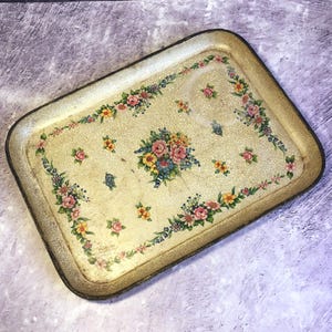 Vintage Shabby Chic Roses Painted Papier Mache Toleware Dresser Tray, Antique French Country Style Dressing Table Vanity Tray